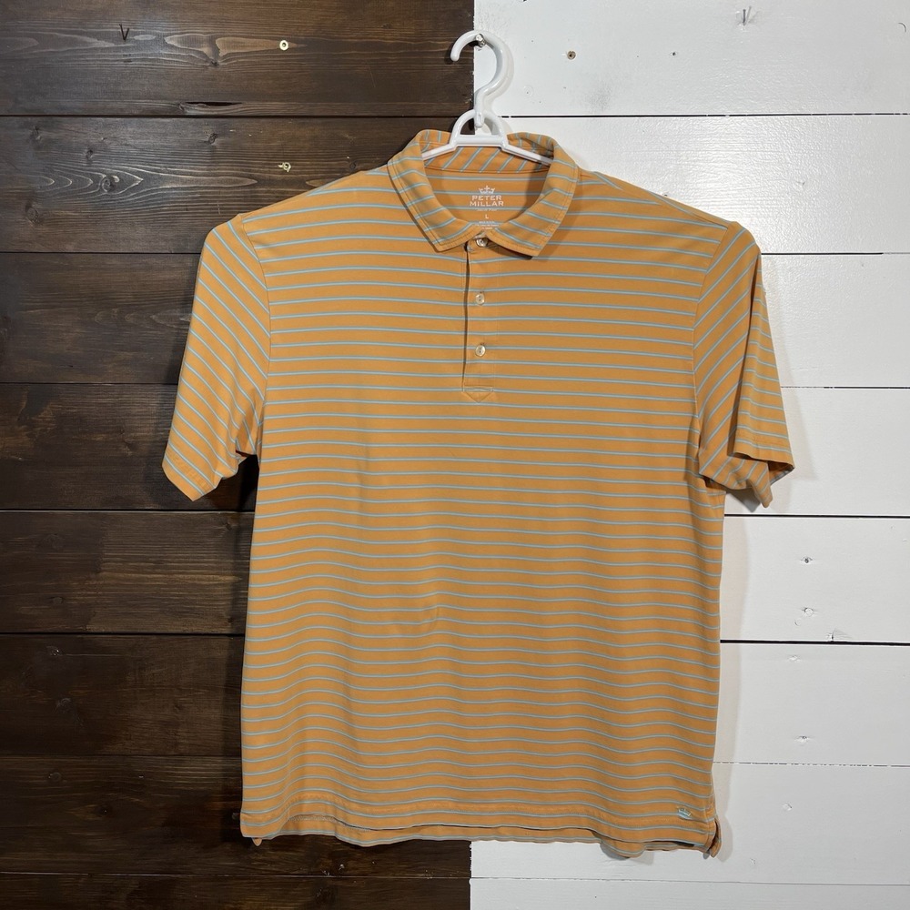 Peter Millar Polo Shirt Men's Large Orange Blue Striped Cotton